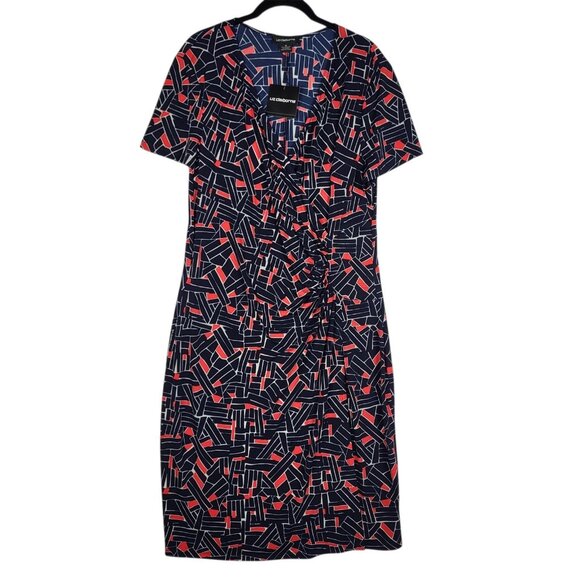Liz Claiborne Dress Women's 16 Blue Red Faux Wrap Rusched Waist Office Career - Picture 1 of 10